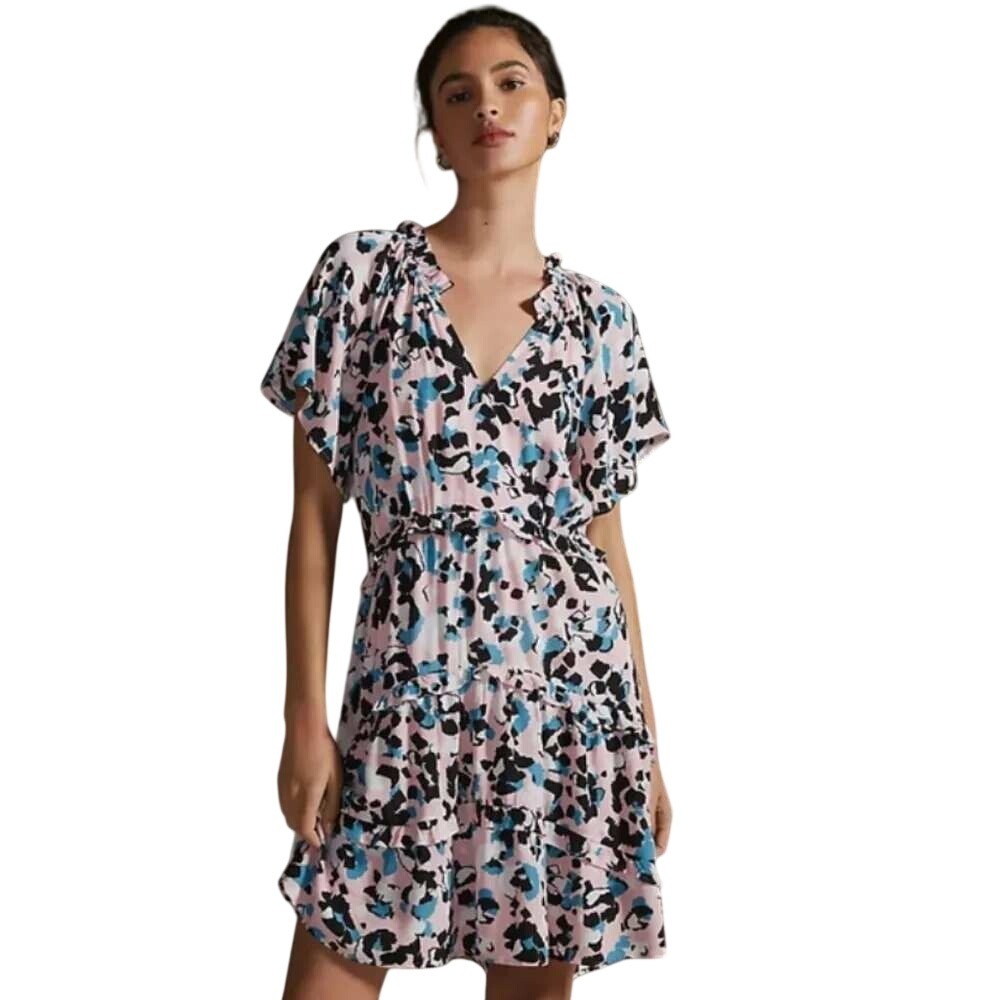 Anthropologie Robin Tiered Mini Dress Medium Pink Abstract Print Boho Ruffle